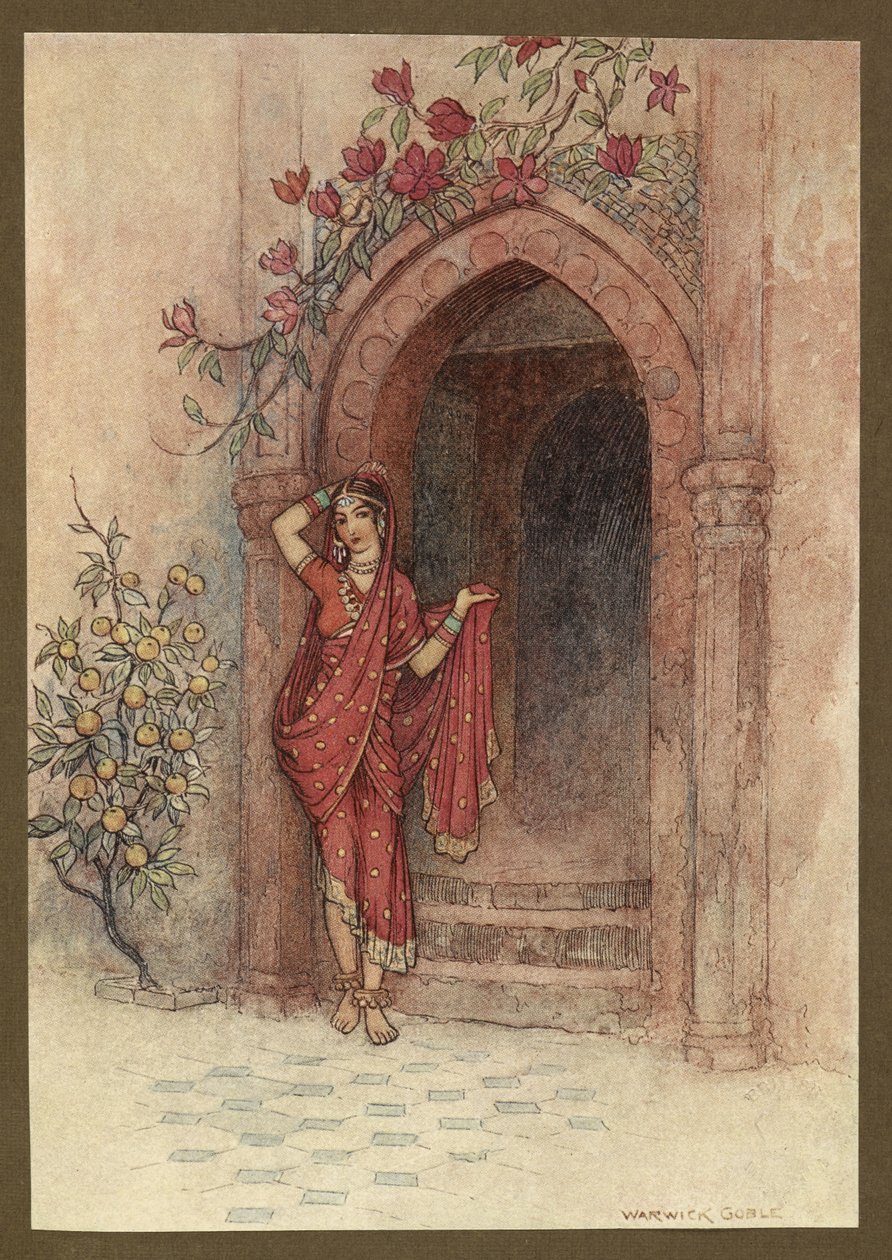 Tavla 5: "At the door of which stod a lady of exquisite beauty", från Folk-Tales of Bengal ... Med 32 illustrationer i färg av Warwick Goble. (Edition de luxe) av Warwick Goble
