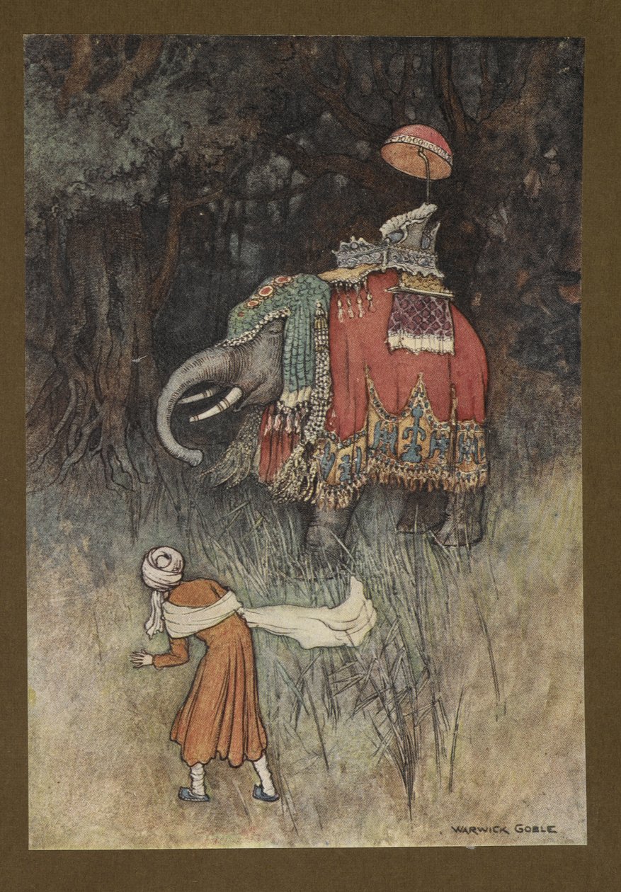 Platta 8: "På en plötslig kapariserade en elefant vackert över sin väg", från Folk-Tales of Bengal ... Med 32 illustrationer i färg av Warwick Goble (Edition de luxe) av Warwick Goble