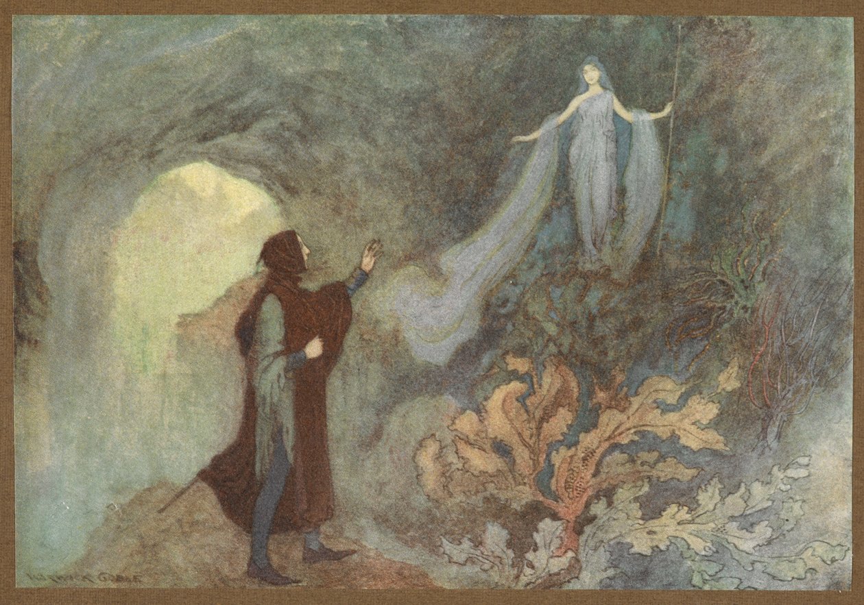 Fe som visar sig för prinsen i grottan, från Cenerentola. av Warwick Goble