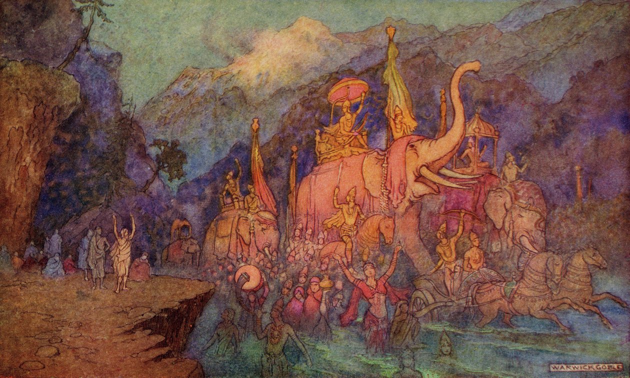 The Return of the Heroes Slain in the Battle of Eighteen Days, illustration från "Indian Myth and Legend" av Donald A. Mackenzie, publicerad 1913 av Warwick Goble