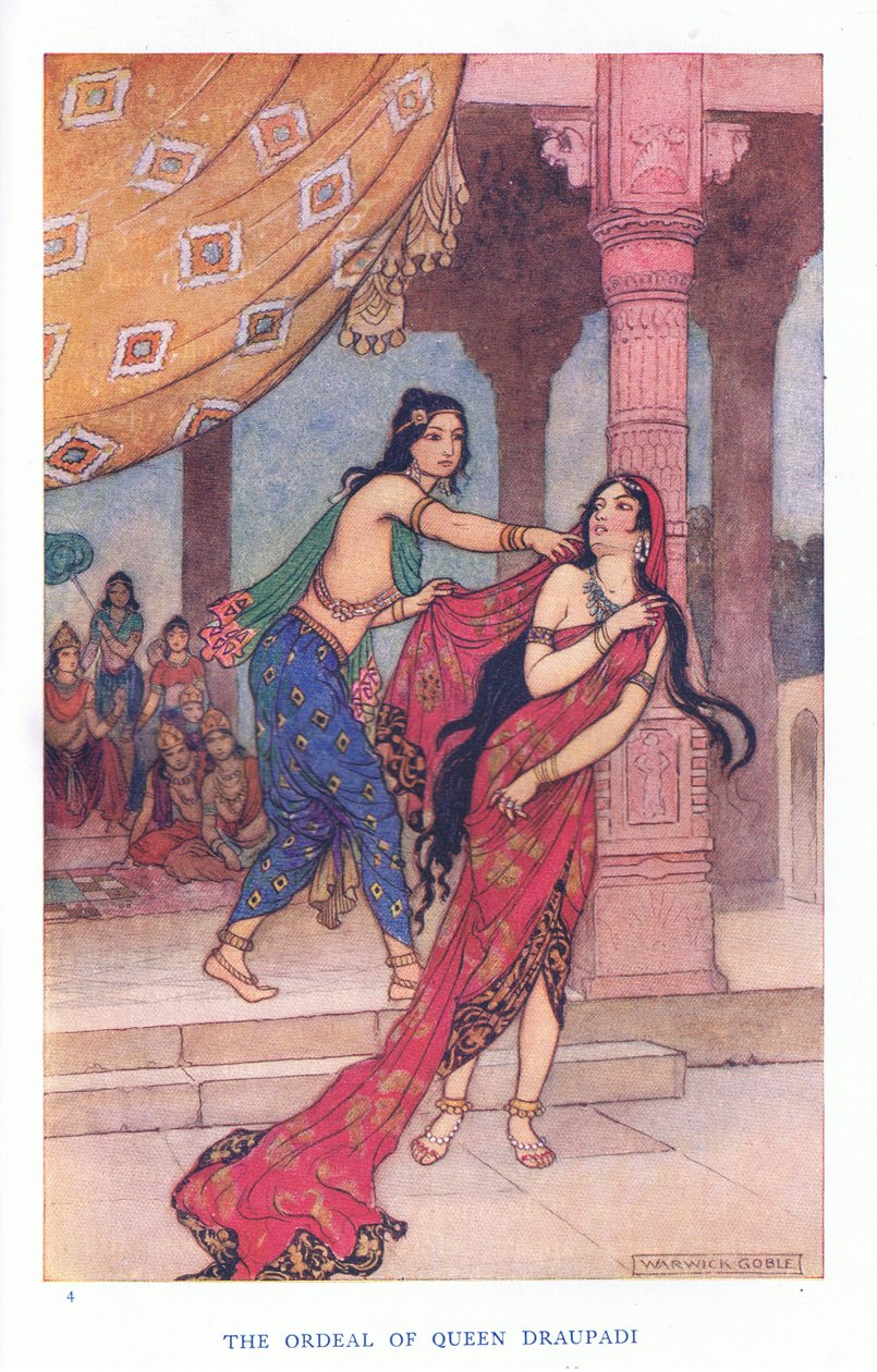 Drottning Draupads prövning (färg litho) av Warwick Goble