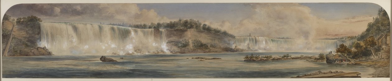 Vidsträckt utsikt över Niagarafallen underifrån, ca 1865 (wc på papper) av Washington F. Friend