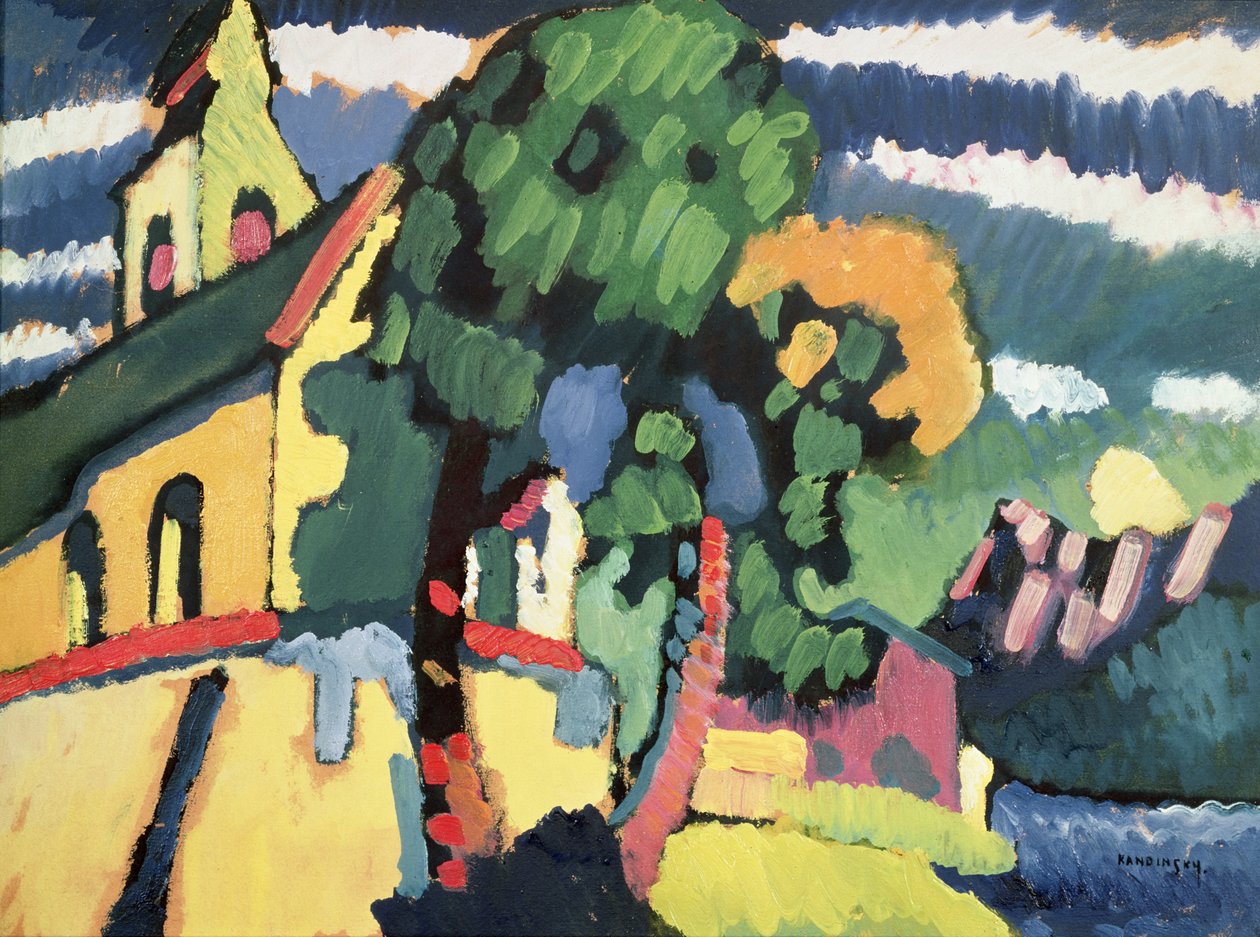 Bayerskt landskap med en kyrka (olja) av Wassily Kandinsky