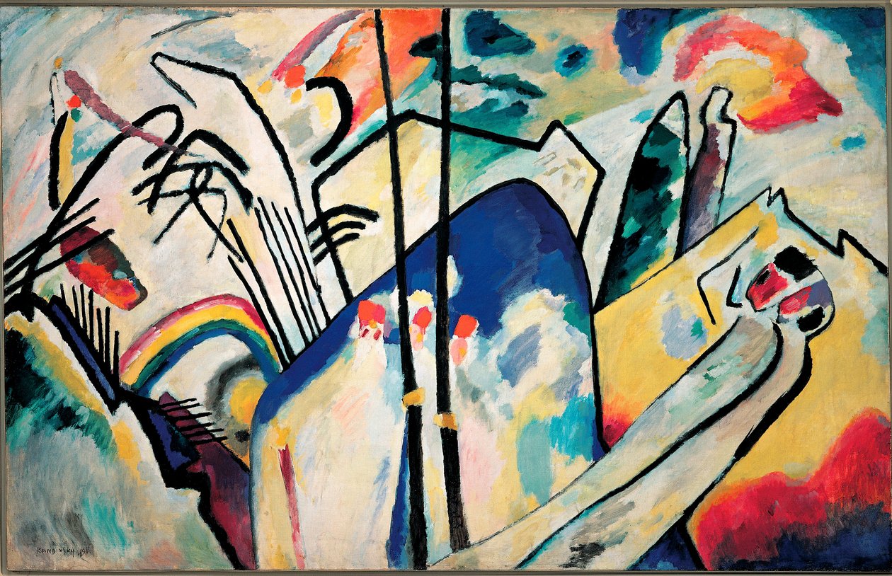 Komposition IV Målning av Vassily Kandinsky (eller Wassily Kandinski eller Kandinskij, 1866-1944) 1911 Dim. 160x250 cm Dusserdolf, Kunstsammlung Nordhein-Westfalen av Wassily Kandinsky