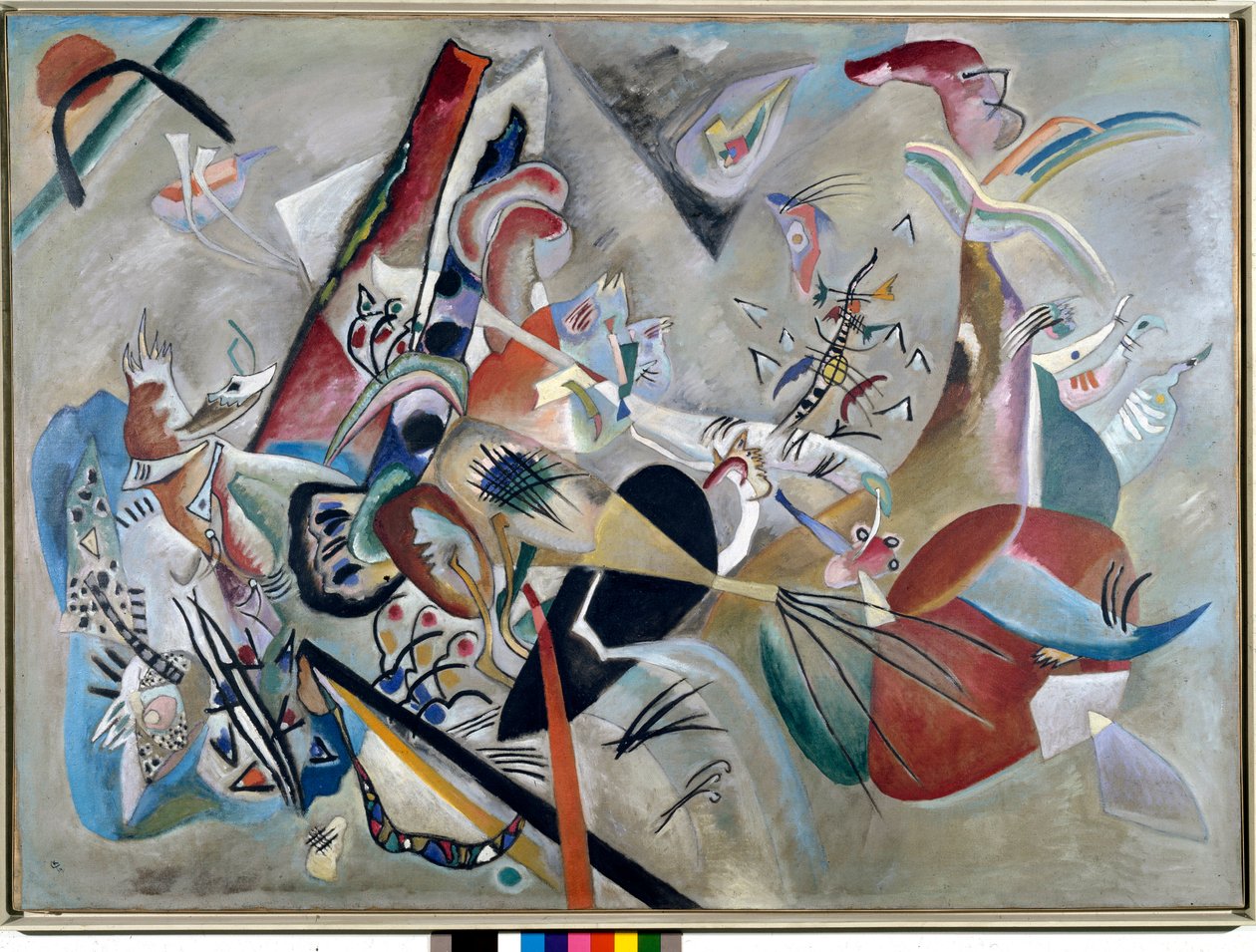 Expressionism: "" In the Grey"" Målning av Vassily Kandinsky (eller Wassily Kandinsky eller Kandinsky, 1866-1944). 1919 Privat samling av Wassily Kandinsky