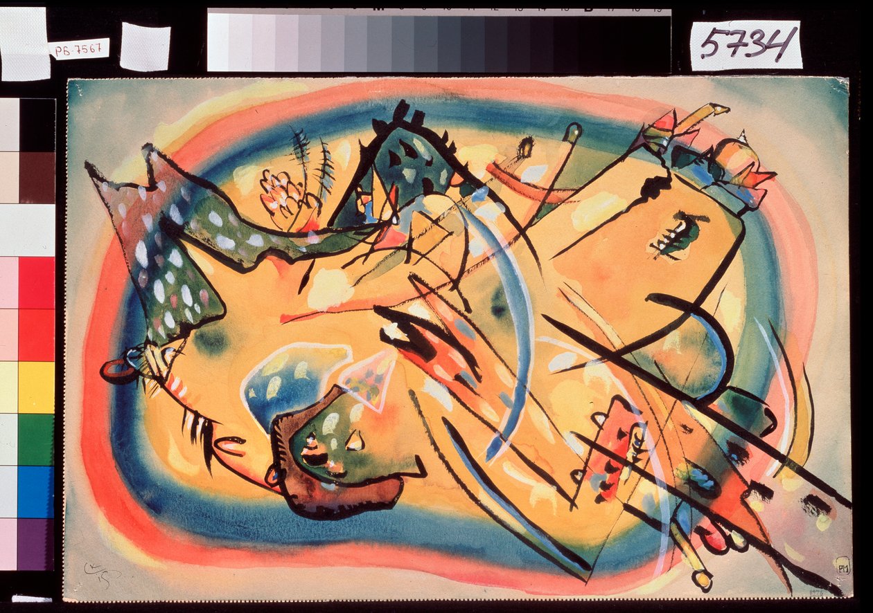 Composition, Paysage (Composition, Landscape) - Färgstark, icke-representativ representation, där byggnader och berg förekommer - Verk av Wassily Kandinsky (eller Wassily Kandinski eller Kandinskij av Wassily Kandinsky