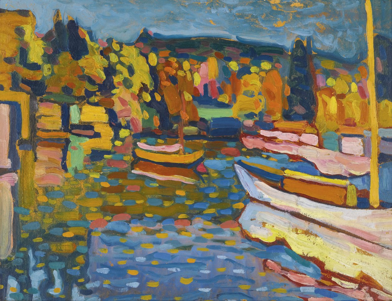 ""Studier av landskap på hösten med båtar"" Målning av Wassily Kandinsky (eller Wassily Kandinski eller Kandinskij av Wassily Kandinsky