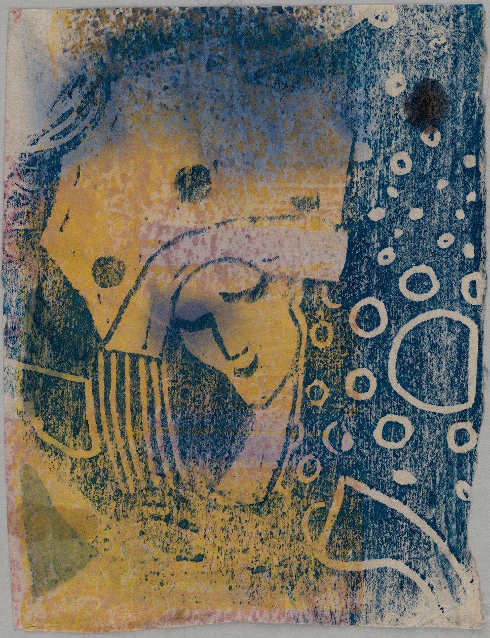 Farbholzschnitt-Probedrucke; Vorderseite: Frauenkopf mit großer Haube, Hintergrund mit Kreismusterung; Rückseite: Hand, stehende Gestalten av Wassily Kandinsky