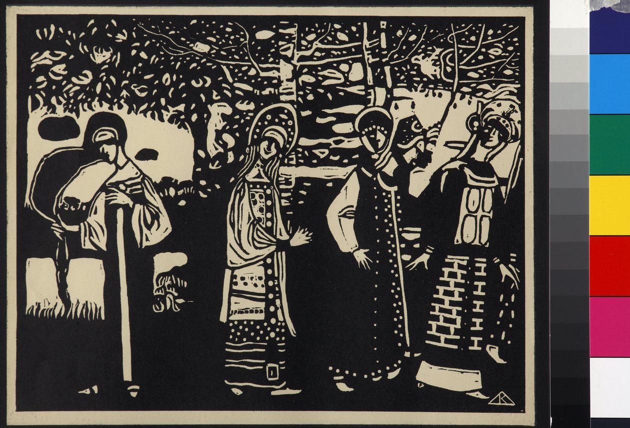 Femmes dans la foret - Kvinnor i skogen (Frauen im Wald), av Kandinsky, Wassily Vasilyevich (1866-1944). Träsnitt av Wassily Kandinsky