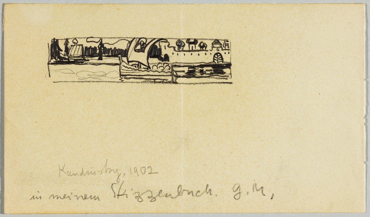 Flodlandskap med båt och muromgärdad stad av Wassily Kandinsky