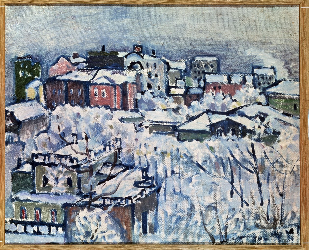Vinterdag. Smolensky Boulevard (Moskva). (Vinterdagen. Smolensky Boulevard). Stadslandskap, täckt med snö. Målning av Wassily Kandinsky (eller Wassily Kandinski eller Kandinskij av Wassily Kandinsky