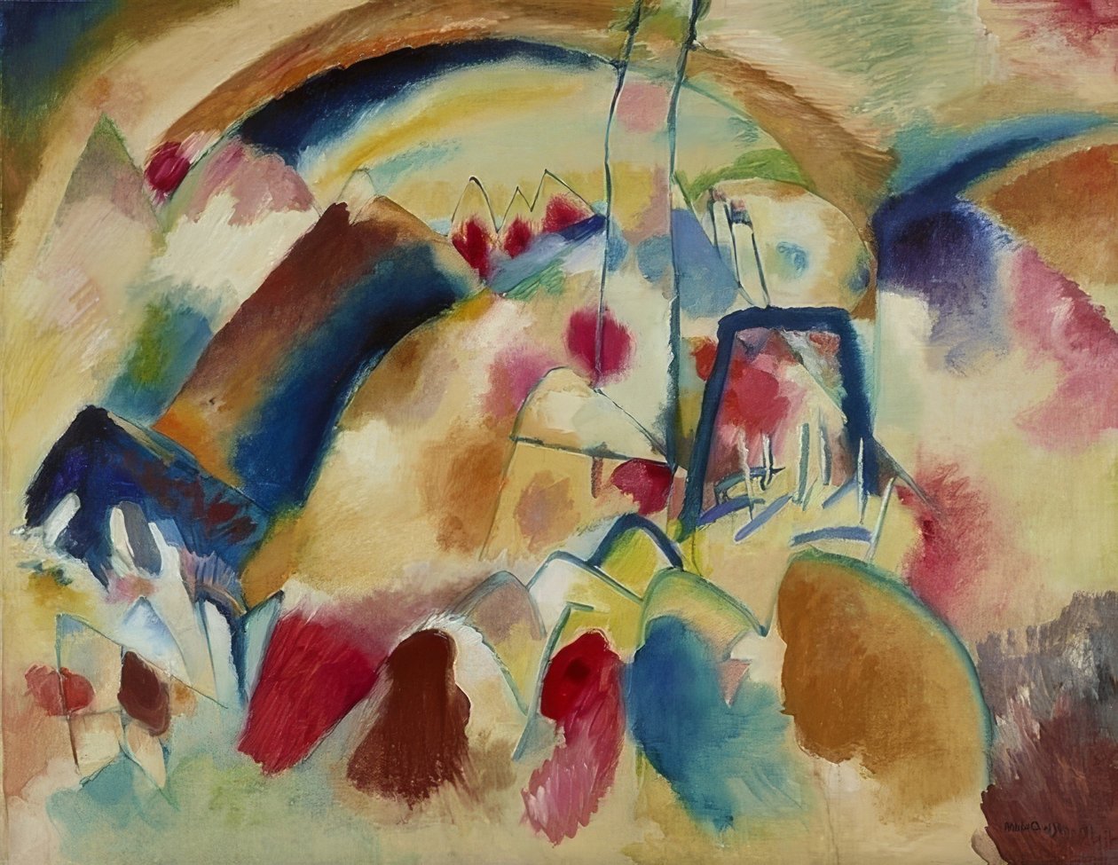 Landskap med kyrka (landskap med röda fläckar I). 1913 av Wassily Kandinsky
