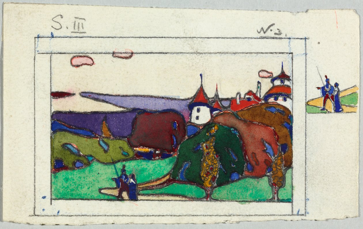 Landskap med ett par i medeltida dräkt, tergo: fragment av en riddare i rustning av Wassily Kandinsky