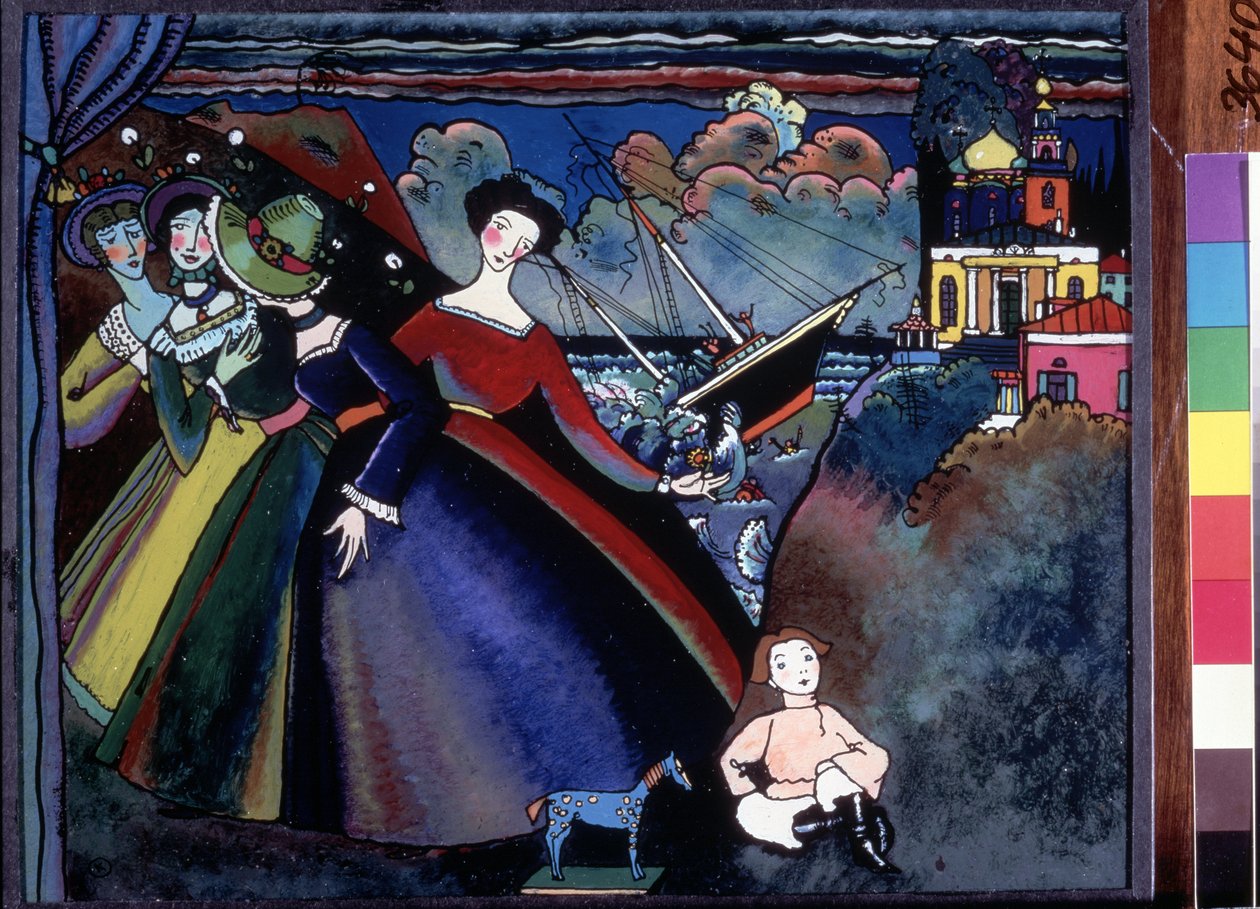 ""Skeppet"" Unga kvinnor vid kajen, i fjärran verkar en båt sjunka. Målning av Wassily Kandinsky (eller Wassily Kandinski eller Kandinskij av Wassily Kandinsky