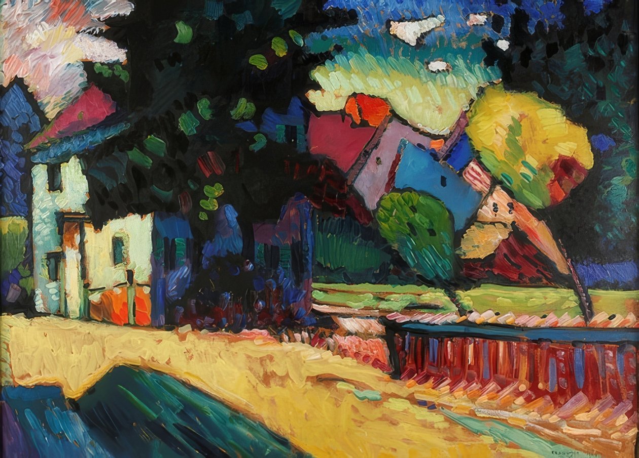 Murnau - landskap med ett grönt hus. 1909 av Wassily Kandinsky