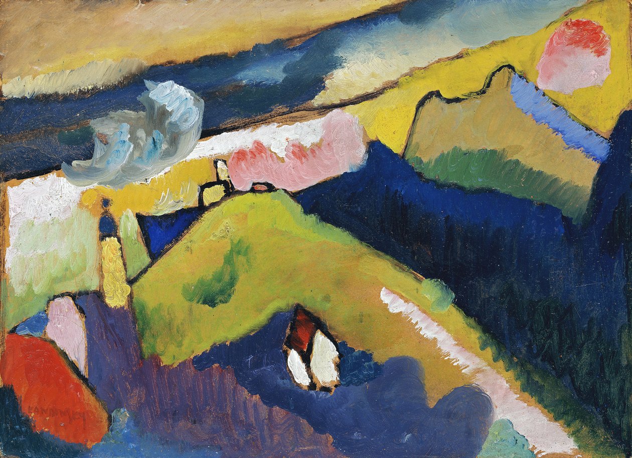 Murnau. Bergslandskap med kyrka, 1910 av Wassily Kandinsky