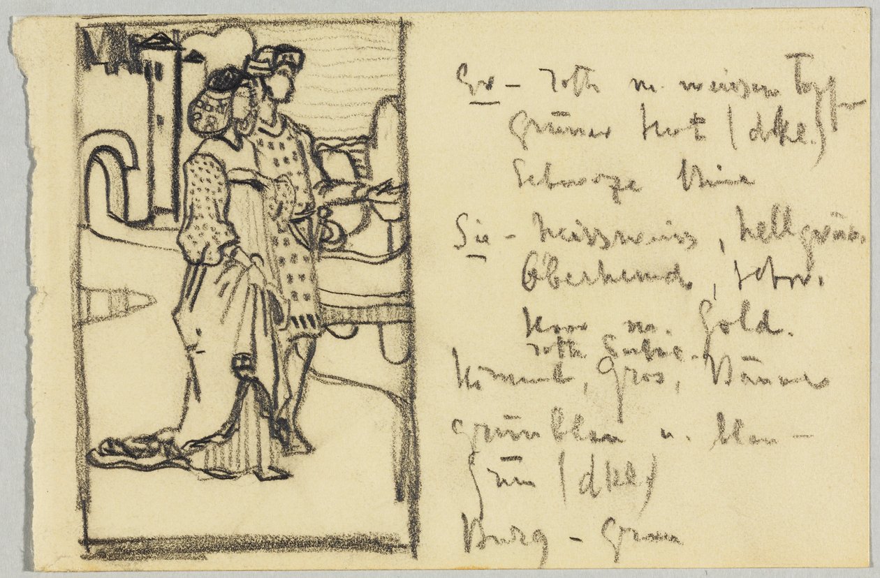 Par i medeltida dräkt framför slottet av Wassily Kandinsky