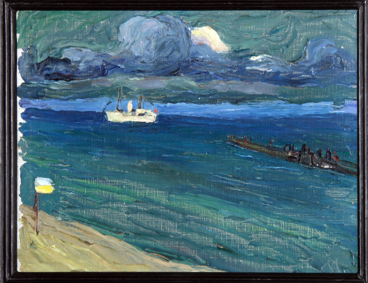 Rapallo (Italien). Landskap med en ångbåt. (Rapallo. Landskap med en ångbåt). Målning av Wassily Kandinsky (eller Wassily Kandinski eller Kandinskij av Wassily Kandinsky