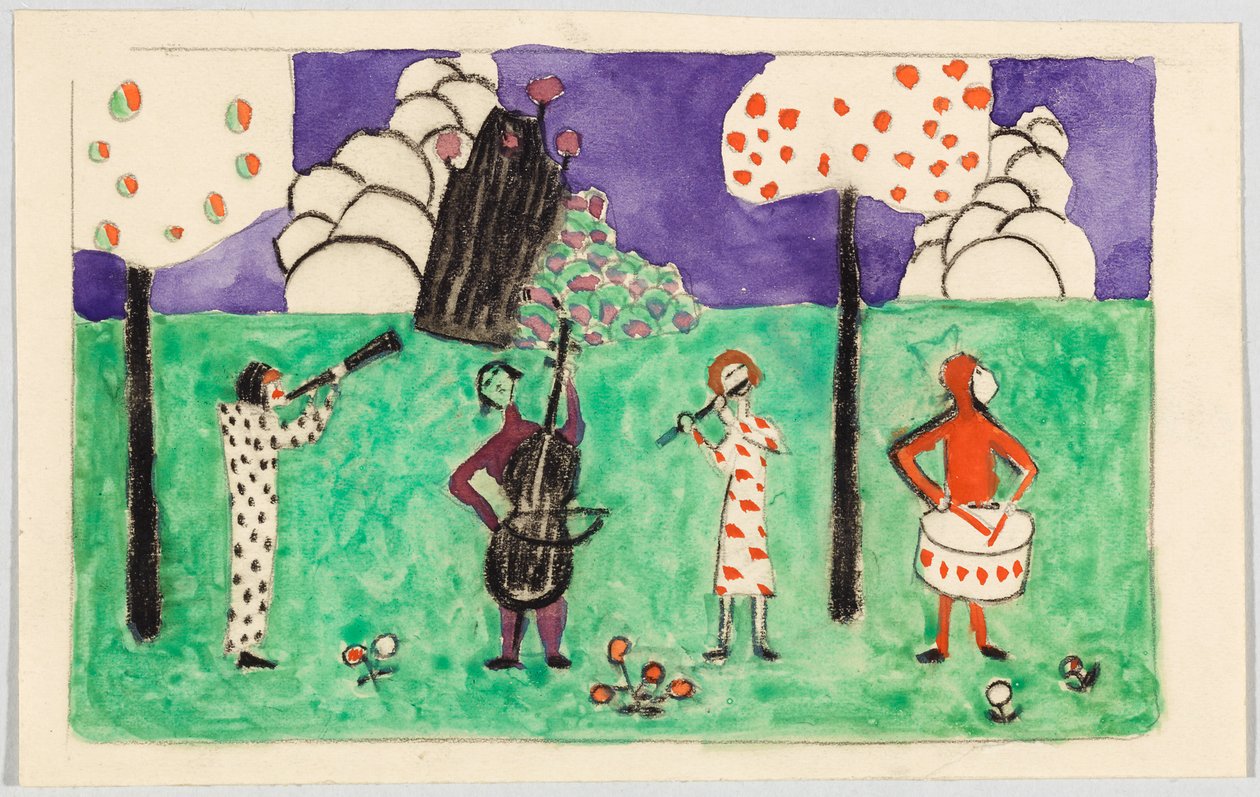 Fyra musiker i ett landskap av Wassily Kandinsky