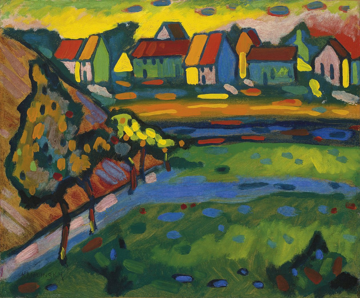 ""Village bavarois avec champs"" (bayersk by med en åker) Peinture de Vassily Kandinsky (ou Wassily Kandinski eller Kandinskij) av Wassily Kandinsky