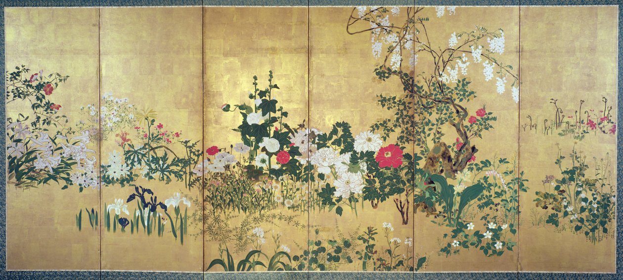 Flowers of the Four Seasons (bläck & wc på bladguld papper) av Watanabe Shiko