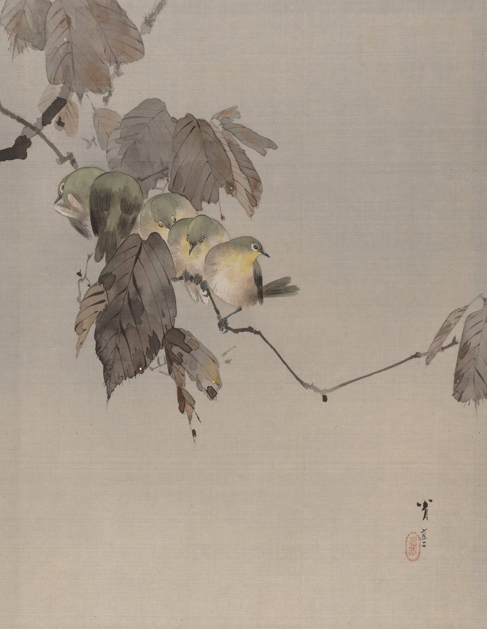 Fåglar på en gren, ca. 1887. av Watanabe Seitei