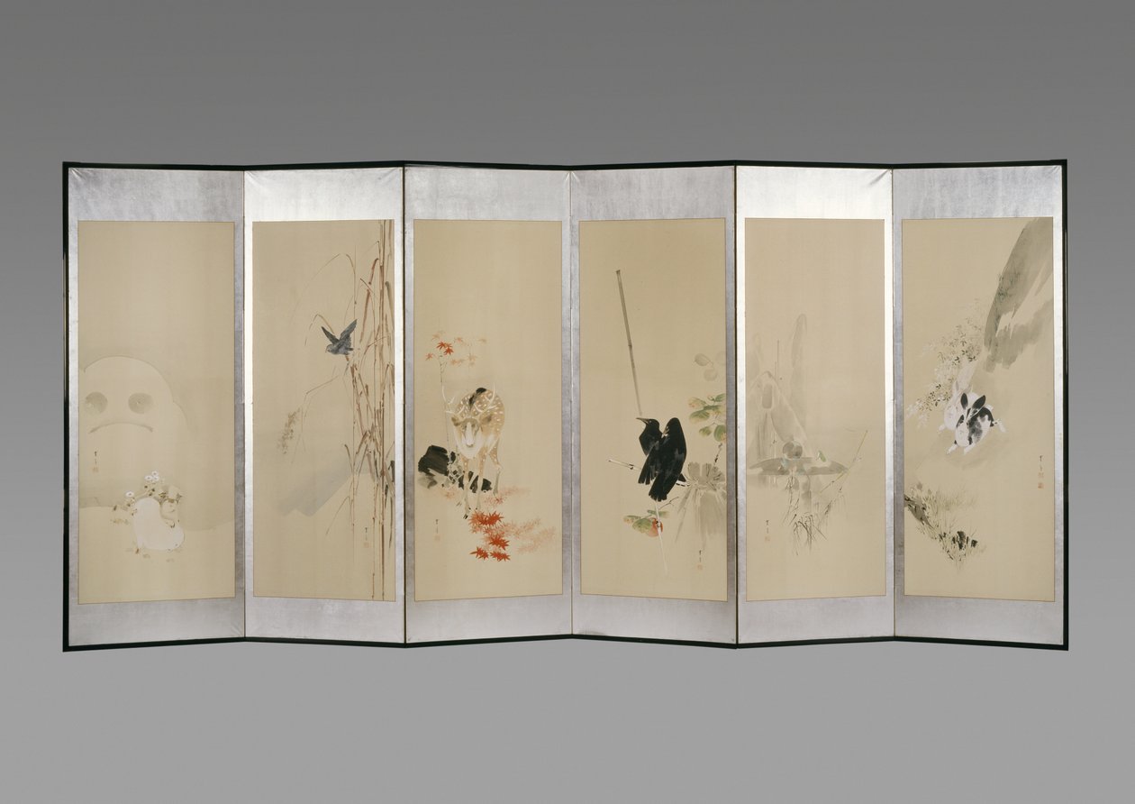 Vikskärm: Flowers of the Twelve Months, c.1900 (bläck & färg på papper) av Watanabe Seitei