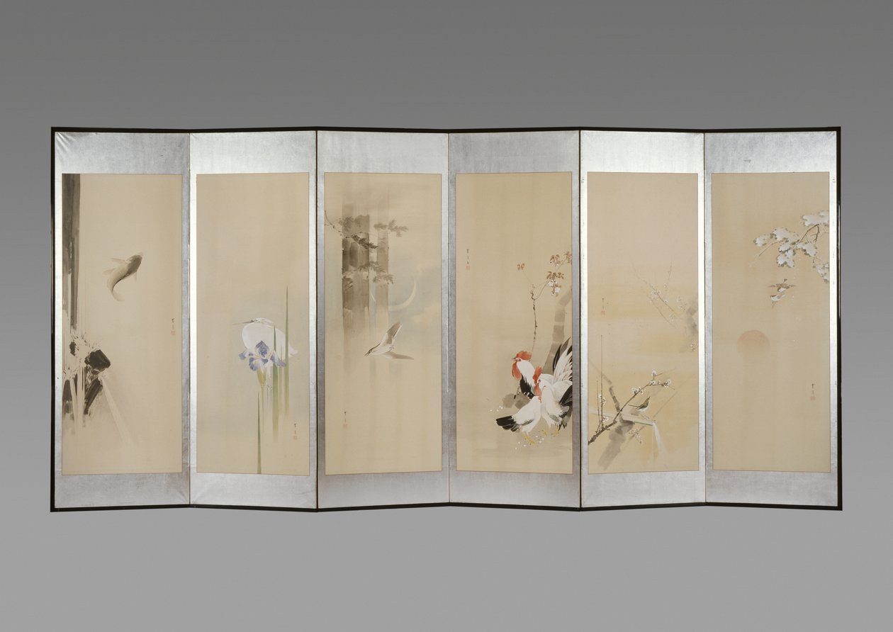Ett par hopfällbara skärmar: Flowers of the Tolv Months, ca 1900 (bläck & färg på papper) av Watanabe Seitei