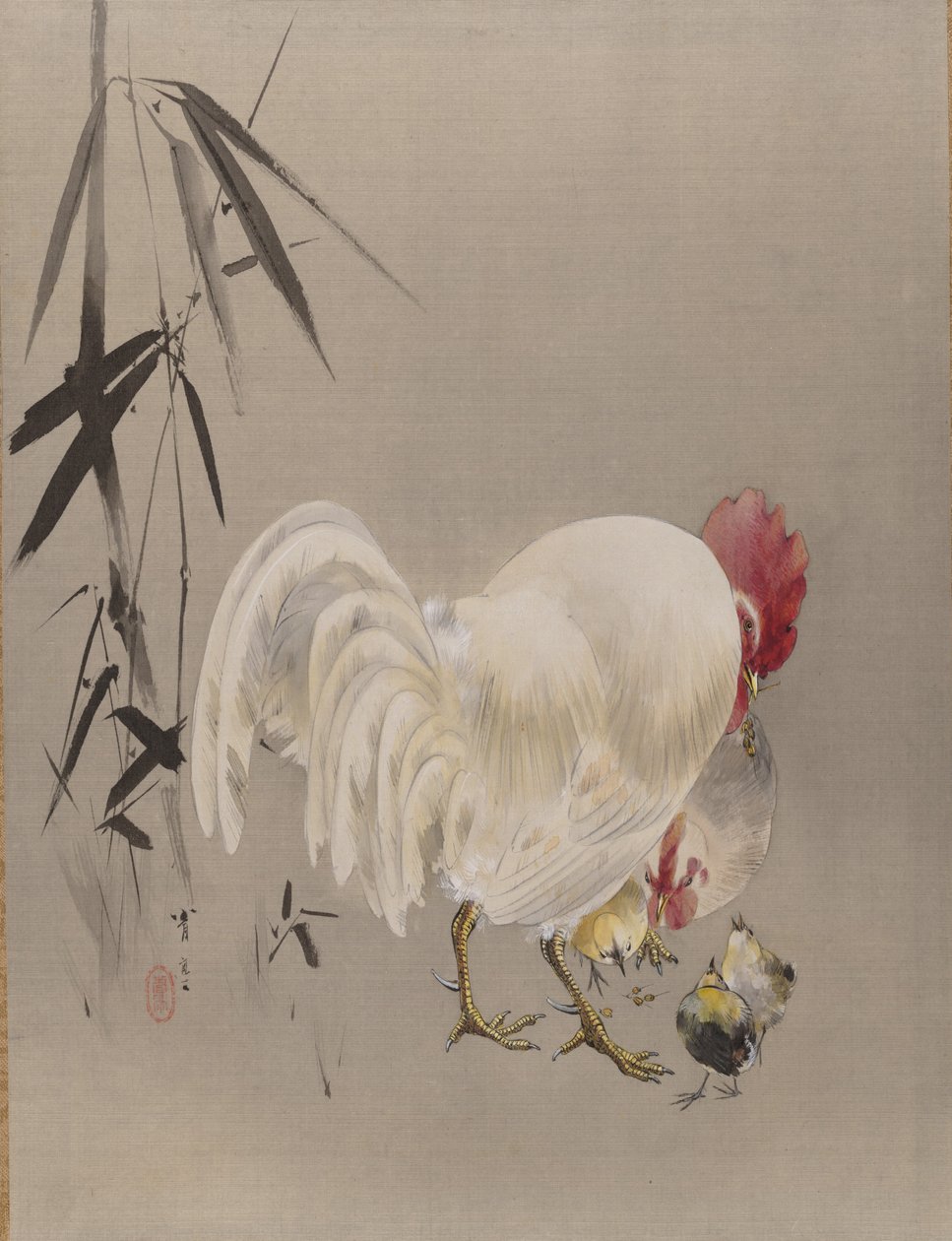 Tupp och höna med kycklingar, ca. 1887. av Watanabe Seitei