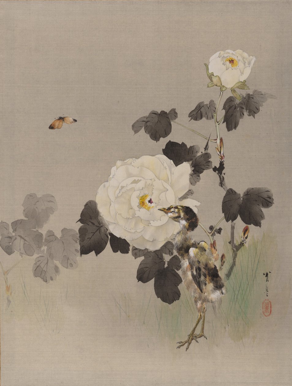 Rosor, ungfågel och en fjäril, ca. 1887. av Watanabe Seitei