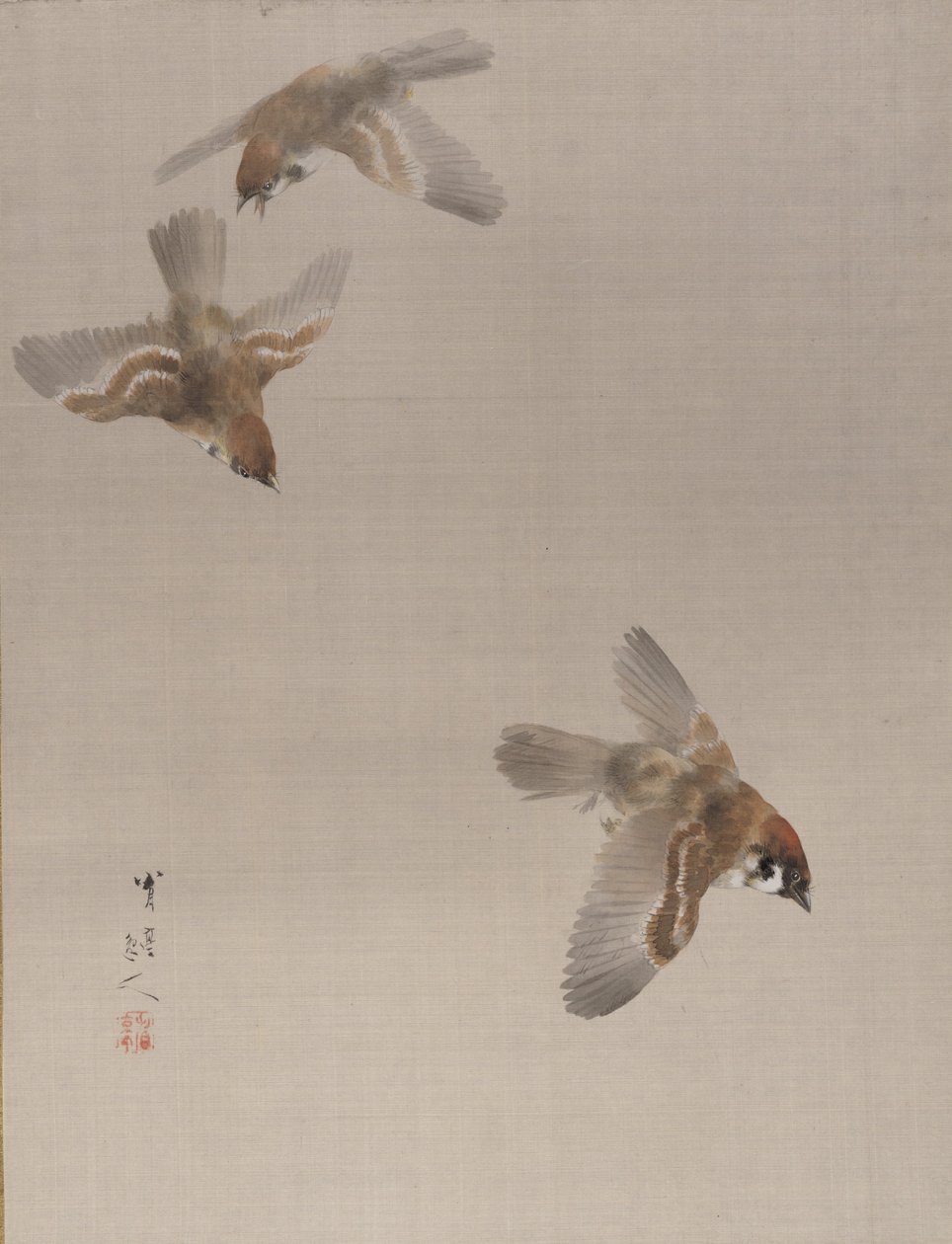 Sparvar som flyger, ca. 1887. av Watanabe Seitei