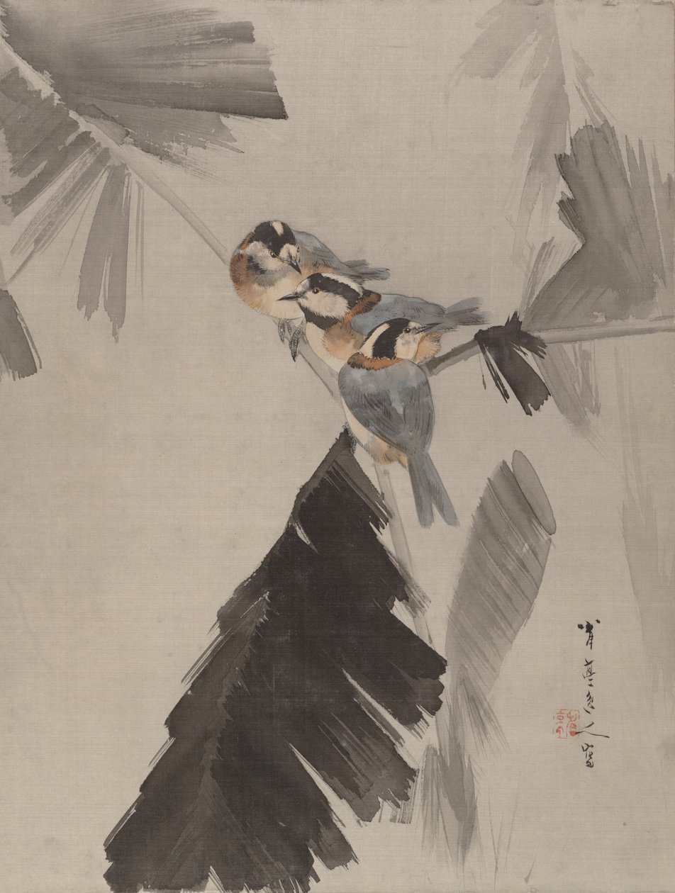 Tre fåglar på gren, ca. 1887. av Watanabe Seitei