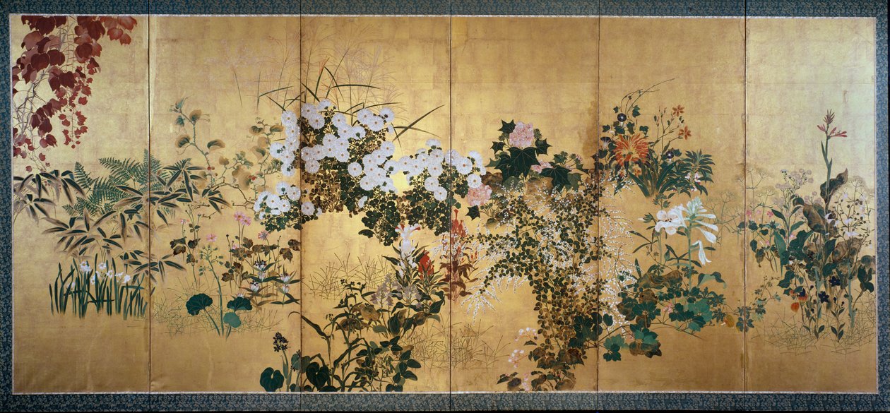 Skärm med höst- och vinterblommor, tidigt 1700-tal av Watanabe Shiko
