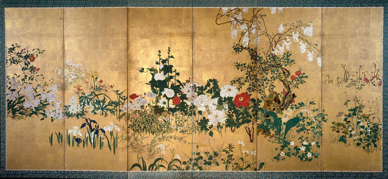 Skärm med vår- och sommarblommor, tidigt 1700-tal av Watanabe Shiko