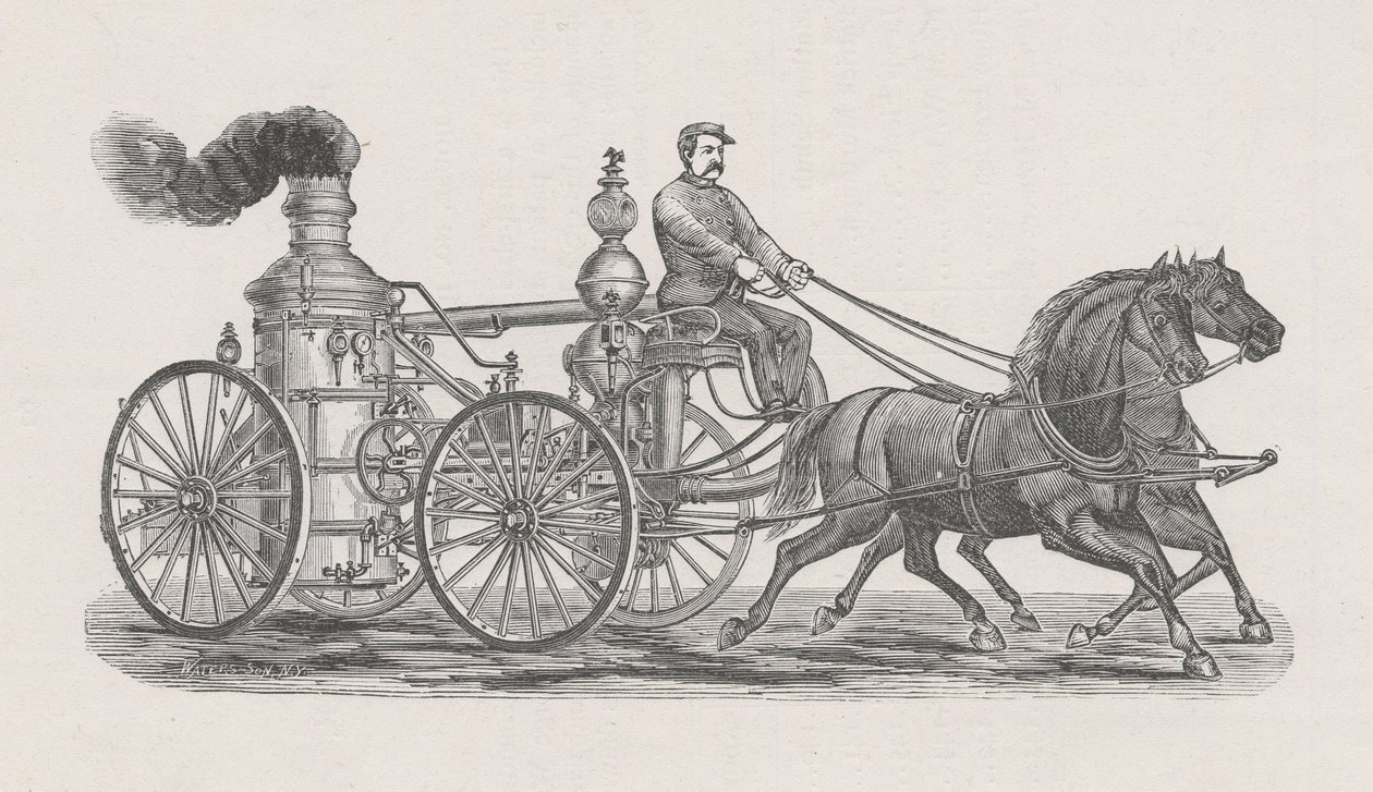 Illustration av ångbåten R.A. Williams nr 17 brandbil, från rapport från polisstyrelsen, i brandkåren, till Chicagos gemensamma råd, sid. 60., 1872 (trästick) av Waters and Son Waters and Son
