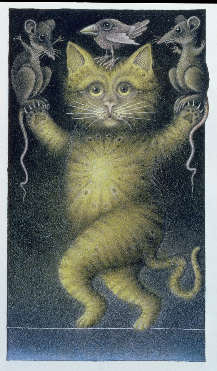 Cat on a Tightrope, balancing with Bird and Mice (blyerts och färgkrita på papper) av Wayne Anderson