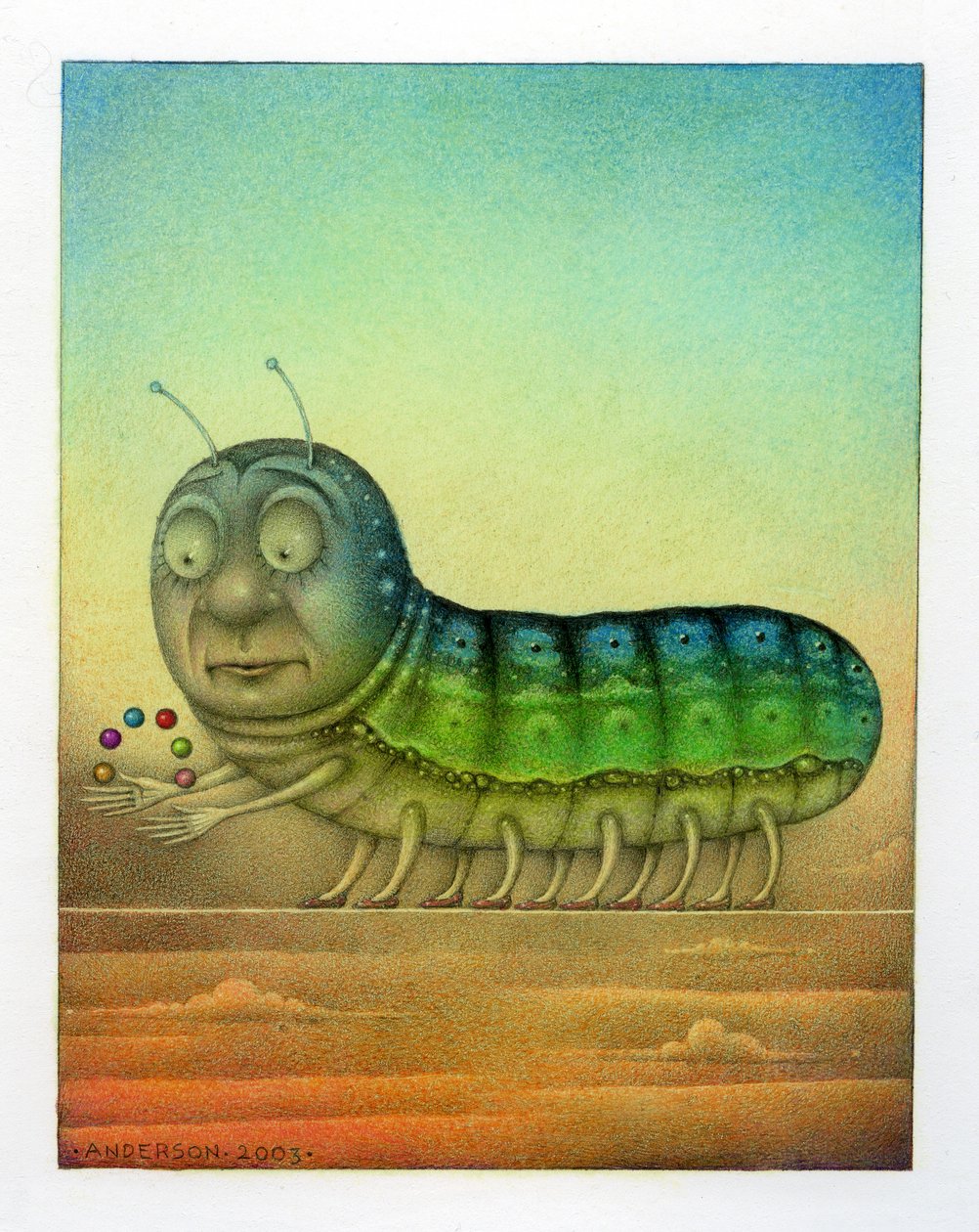 Juggling Caterpillar, 2003 (blandteknik på kartong) av Wayne Anderson
