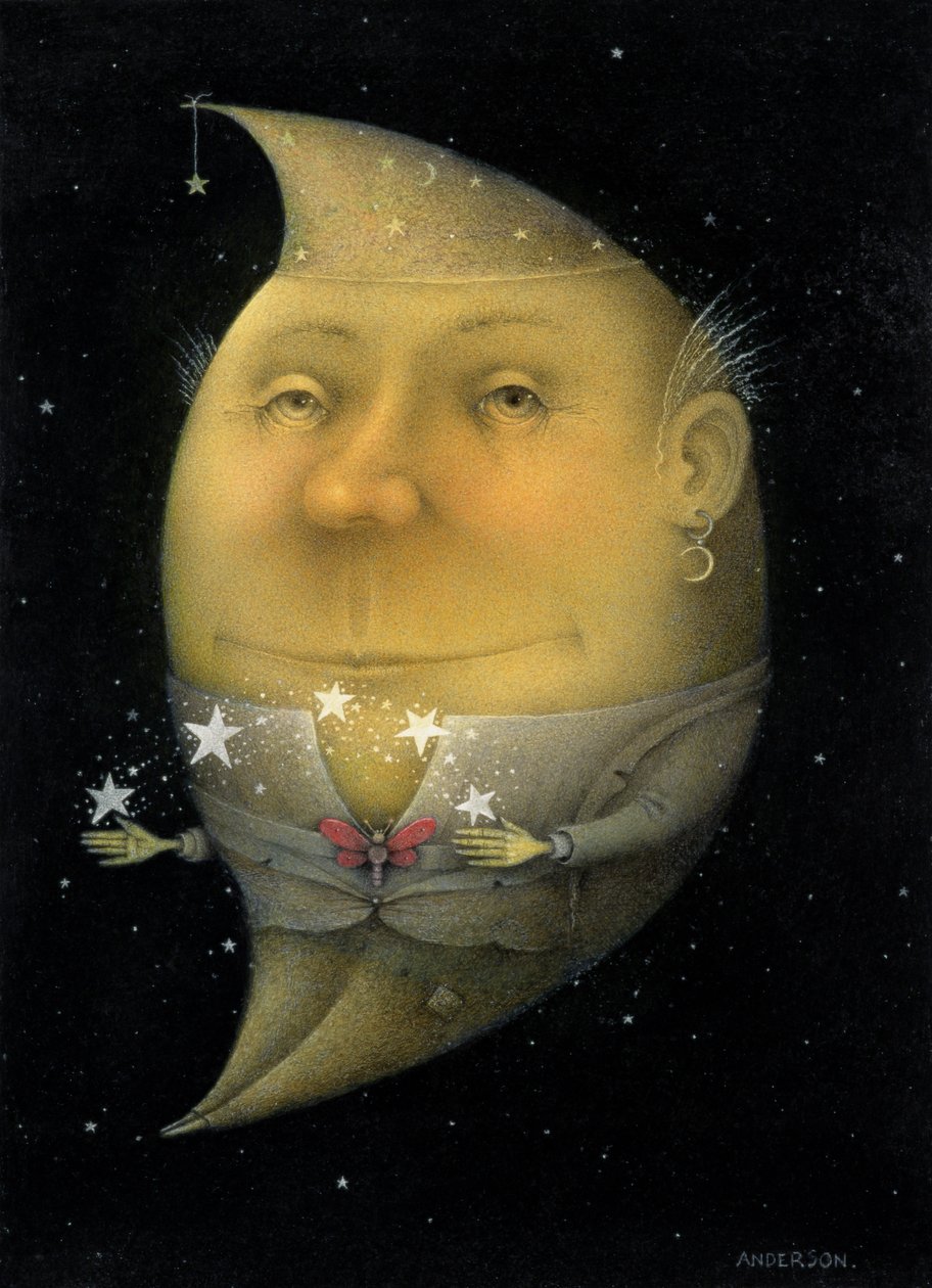 Juggling Crescent Moon (blyerts och färgkrita på papper) (par 150068) av Wayne Anderson