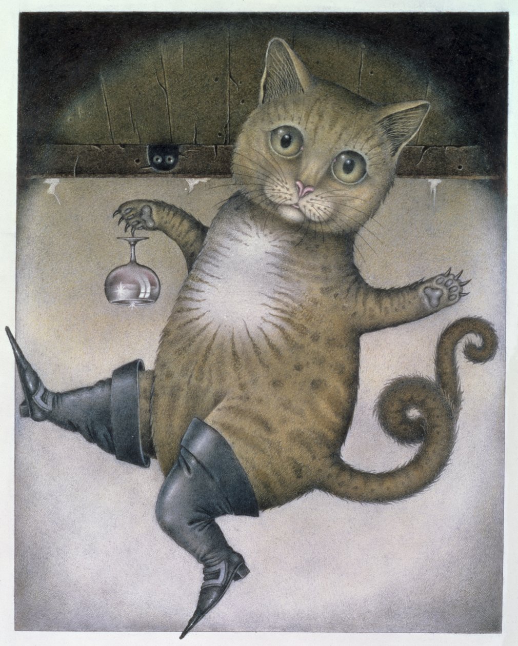 Mästerkatten i stövlar gör en kullerbytta (blyerts och färgkrita på papper) av Wayne Anderson
