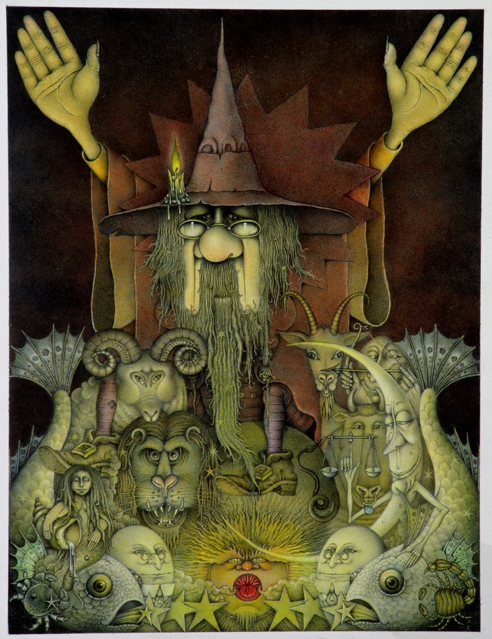 Zodiac Magician (blyerts och färgkrita på papper) av Wayne Anderson