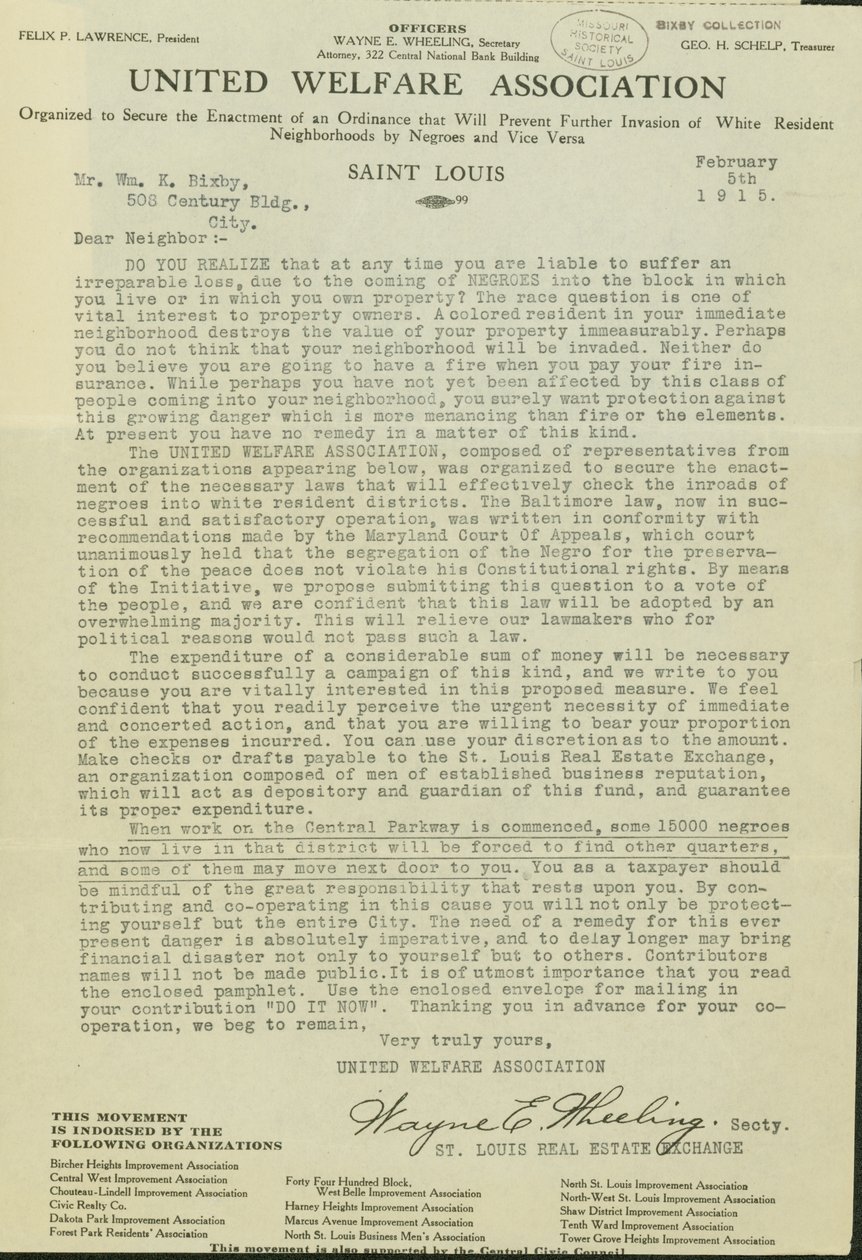 Letter from Wayne E. Wheeling, United Welfare Association, to Dear Neighbor, February 5, 1915 av Wayne E. Wheeling
