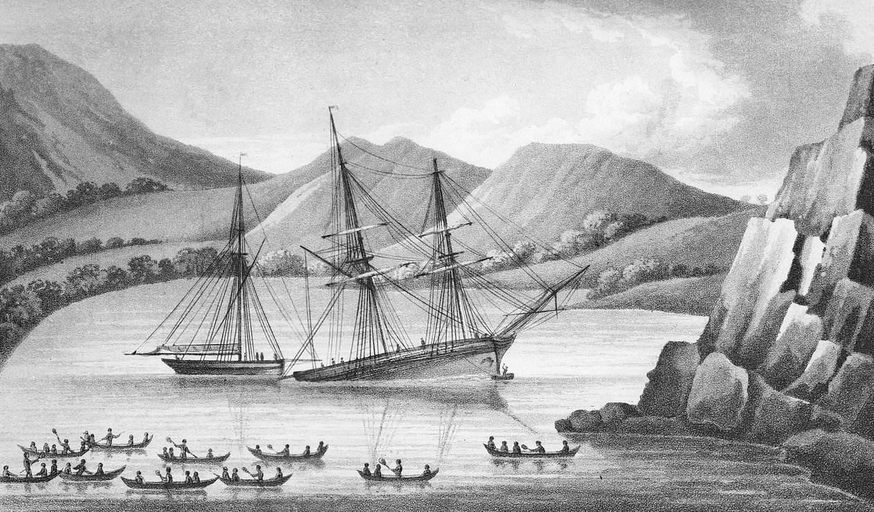 Brig Jane och kuttern Beaufoy passerar genom en kedja av isöar, 1826. av Weddell