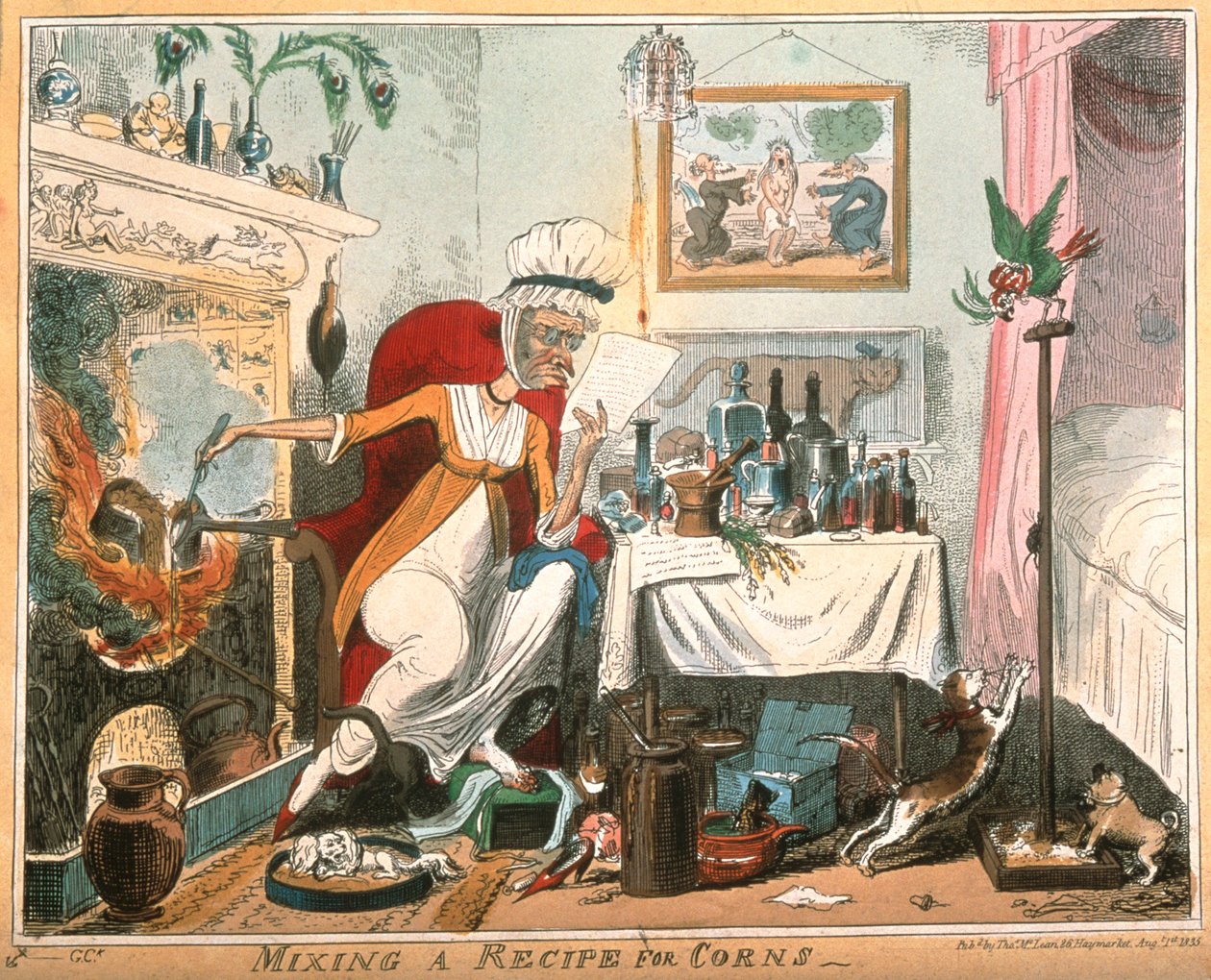 A haggard old woman carelessly mixing a recipe for corns on Wellcome av Unbekannt Unbekannt