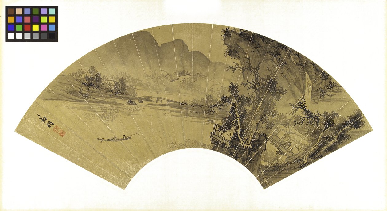 Landskap med sjö, bro och fiskare, 1500-talet (bläck på guldpapper monterad på sidenpanel) av Wen Zhengming