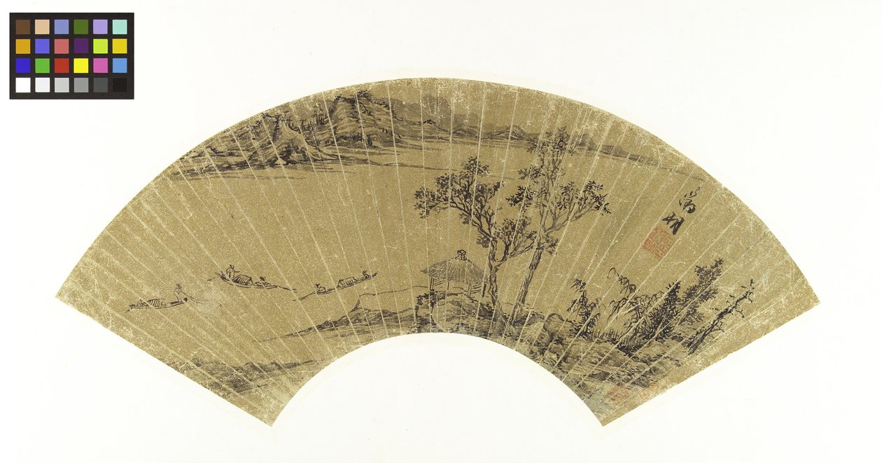 Landskap med sjö och tre båtar, 1500-talet (bläck på guldpapper monterat på tavlan) av Wen Zhengming