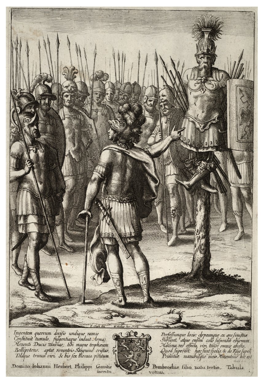 Aeneas erects a trophy of the weapons of Mezentius. State 2 av Wenceslaus Hollar