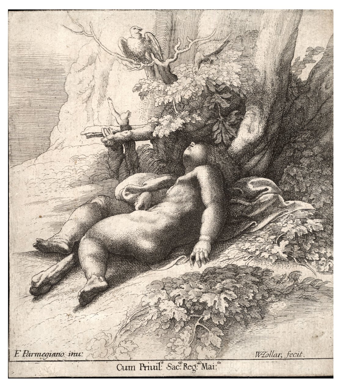 Herkules som sover, efter Parmegiano. Stat 2 av Wenceslaus Hollar