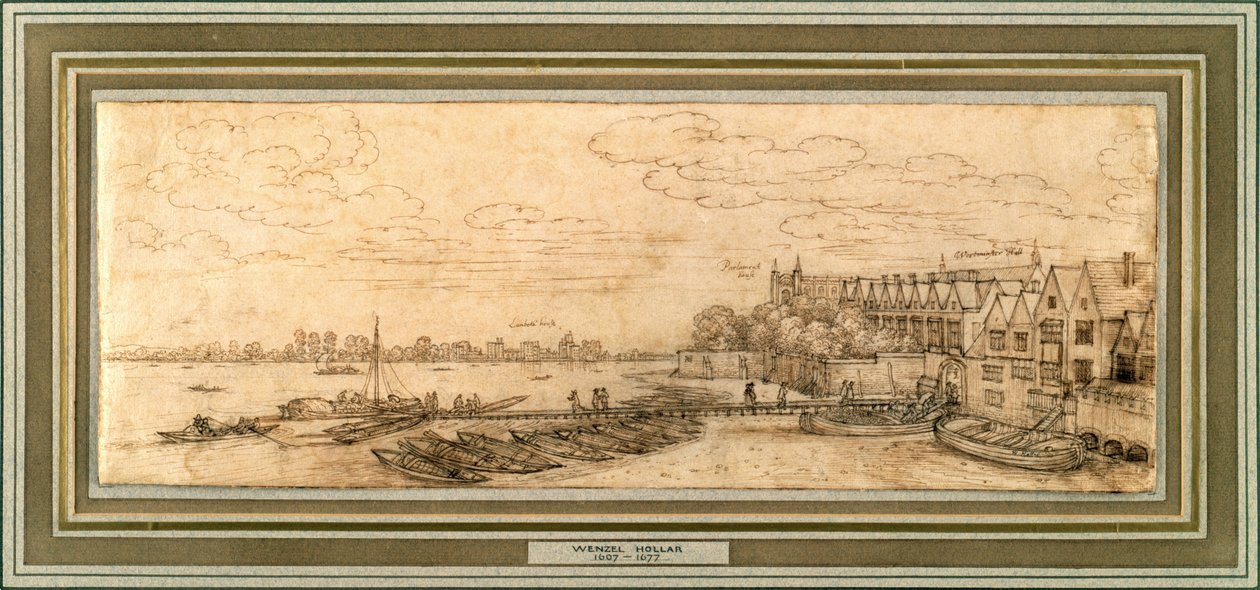Themsen nedanför Westminster Pier, ca 1638 (penna och brunt bläck på papper) av Wenceslaus Hollar