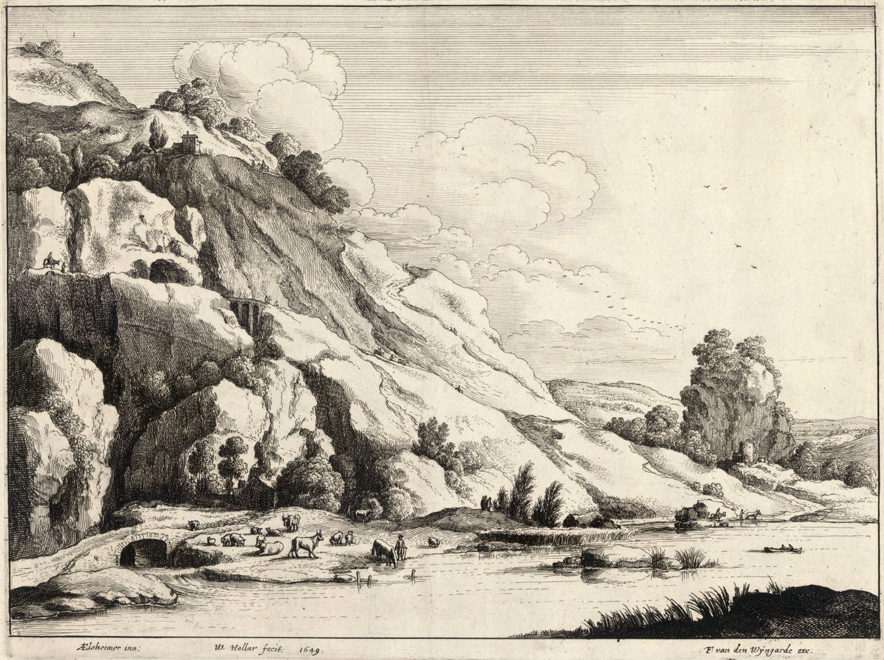 The stone bridge (Elsheimer). State 1 av Wenceslaus Hollar