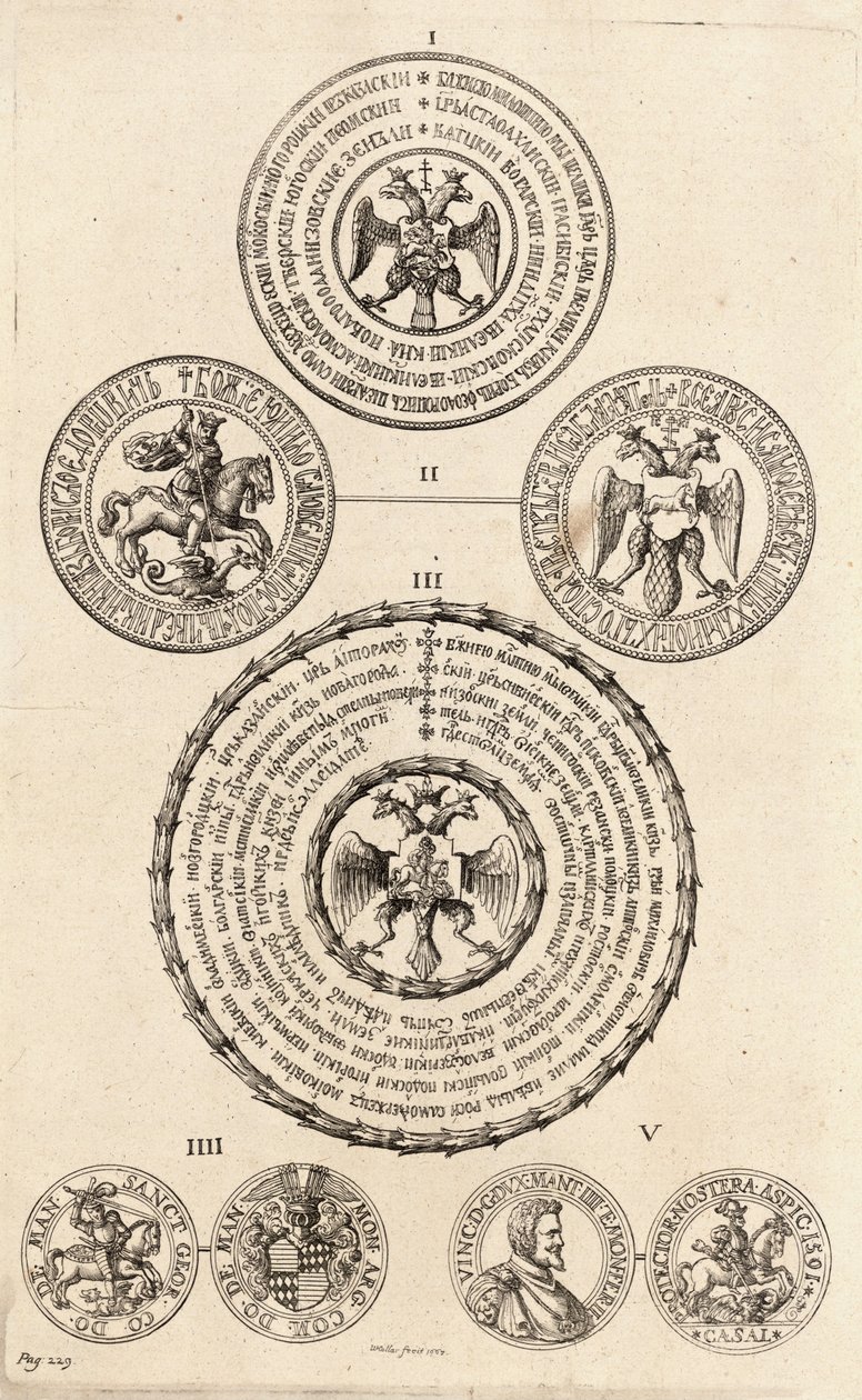 Three Russian seals and two medals. State 2 av Wenceslaus Hollar